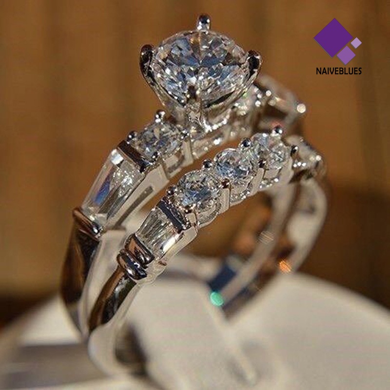 &lt; Naiveblues &gt; 2Pcs/Set Shiny Cubic Zirconia Hias Wanita Pernikahan Cincin Perhiasan Hadiah