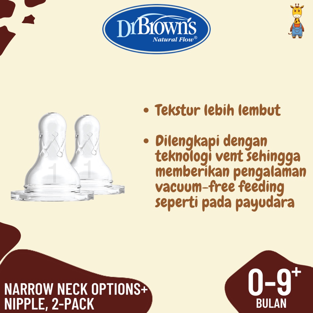 Dr. Brown's Silicone Narrow-Neck Options+ Nipple, 2-Pack / Dot Botol Susu