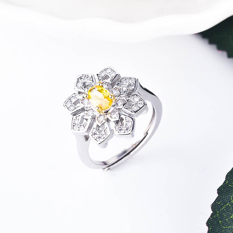 Goldkingdom Fashion Perhiasan Aksesoris Ready Stock Berlian Kuning Snowflake Cincin Hadiah Pembukaan Cincin Wanita