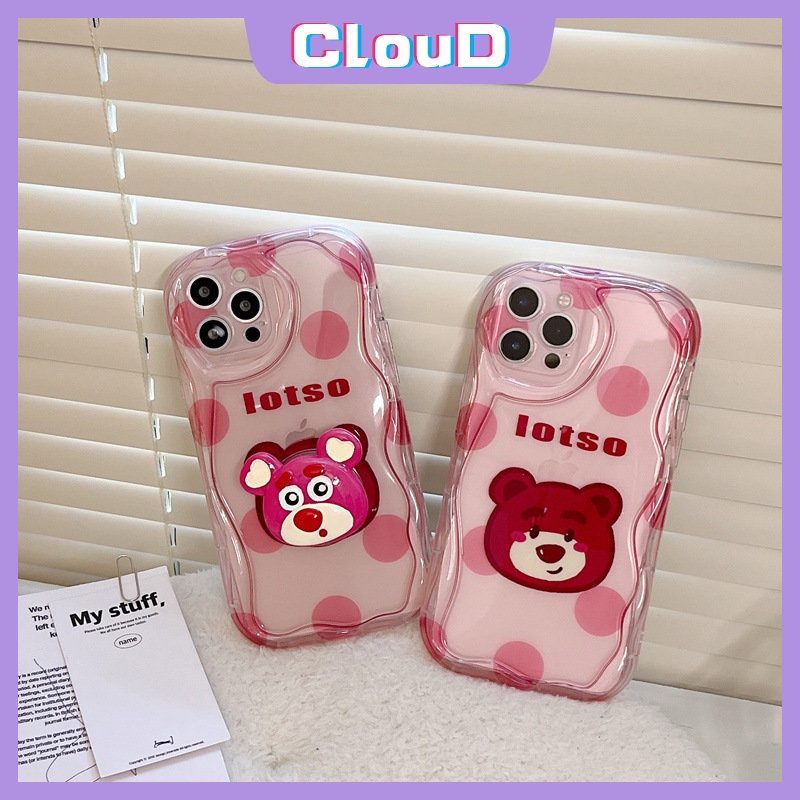 IPHONE Soft Case Beruang Strawberry Lucu Kompatibel Untuk Iphone11 13 14 12 Pro Max7 8 6s 6 Plus X XR XS Max SE 2020 Titik Kartun Manyo 3D Wavy Curved Edge Wave Glossy Cover