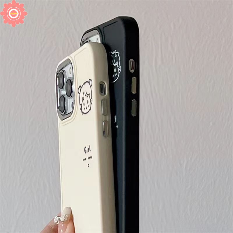 IPHONE Pasangan Cute Boy Girl Case Kompatibel Untuk Iphone7 8plus11 13 14 12 Pro MAX X XR 8plus XS MAX 7plus Bingkai Lensa Logam Plating Sederhana Lembut Tpu Penutup Belakang