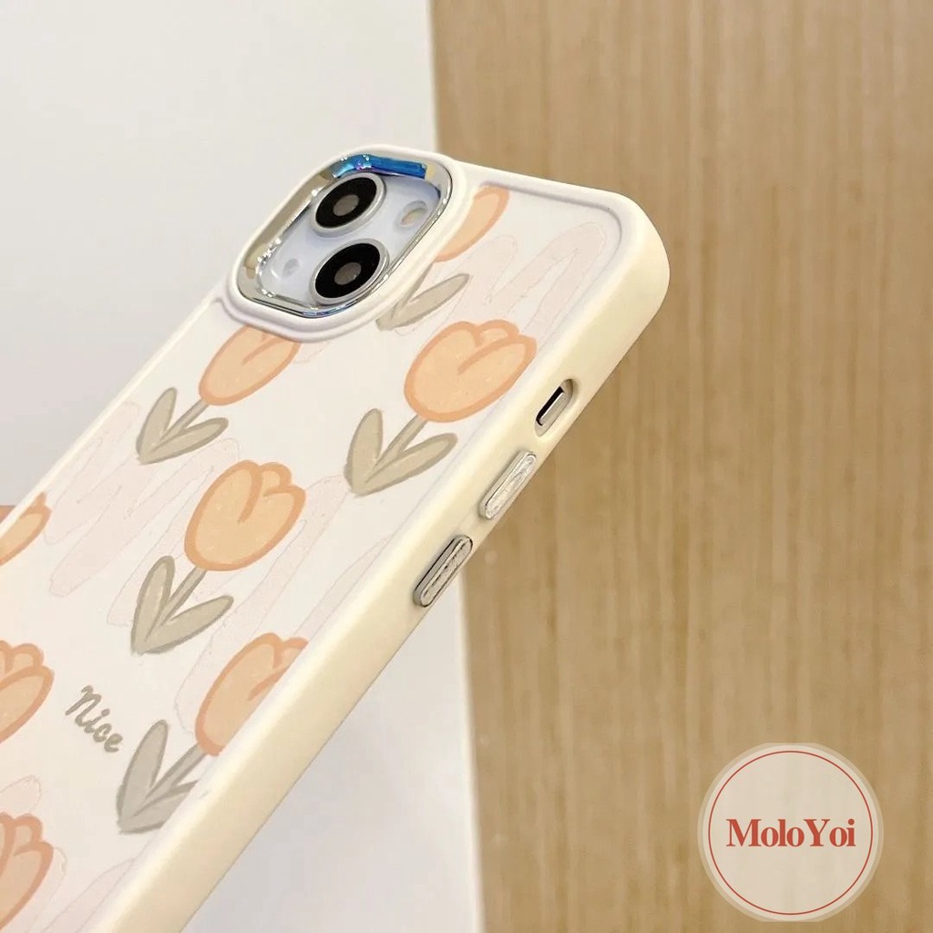 IPHONE Luxury Plating Electroplate Fresh Tulip Flower Phone Case Kompatibel Untuk Iphone11 14 12 13 Pro MAX 7plus 8plus XR X7 8 Plus XS MAX Frame Lensa Metal Shockproof Soft Cover