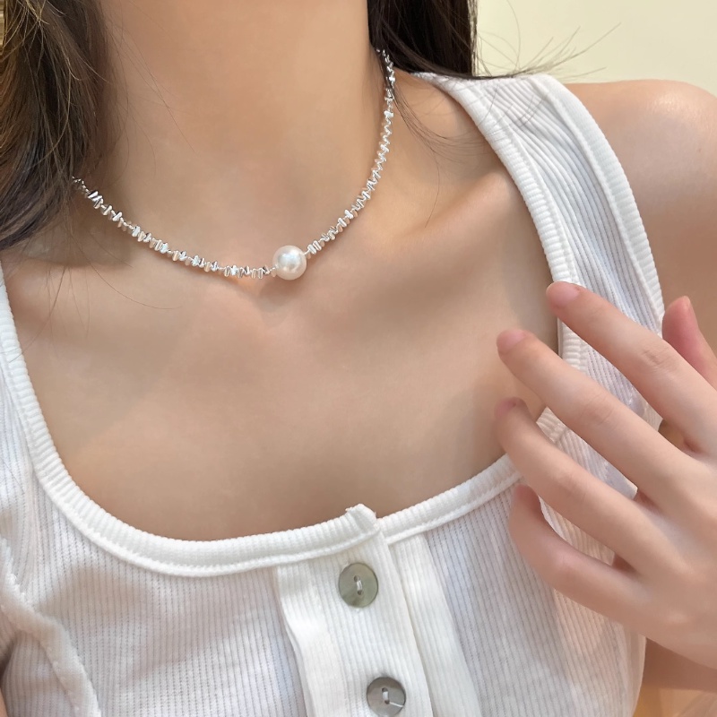 Papaozhu Elegan S925 Perak Mengkilap Kecil Payet Mutiara Liontin Choker Kalung Untuk Wanita Perempuan Chic Berkilau Glitters Tulang Selangka Rantai Kalung Engagment Dinner Pesta Perhiasan