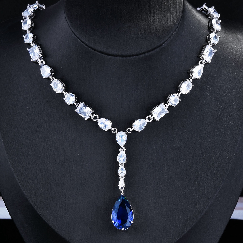 Goldkingdom Aksesoris Perhiasan Fashion Ready Stock Azure Bintang Royal Sapphire Berbentuk Pir Kalung Dengan Berlian Briliant Rakitan Set Rantai