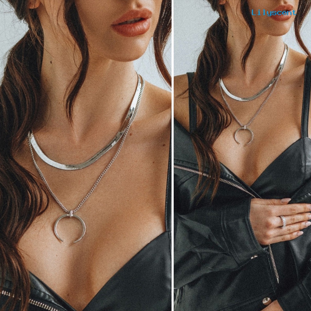[LS]Wanita Kalung Liontin Sabit Lapisan Ganda Keren Bergaya Snack Rantai Adjustable Alloy Kalung Aksesori Fashion