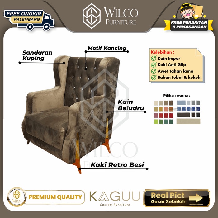 Sofa Custom KAGUU Sandaran Kuping Beludru Coklat / Sofa 1 Seater Kaki Besi Retro