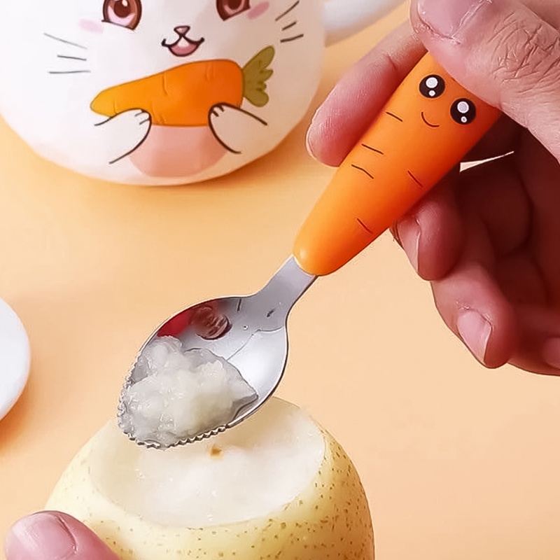 Garpu Lobak Kartun Lucu/Sendok Lumpur Kerokan Stainless Steel/Sendok Makan Bayi Peralatan Makan Anak
