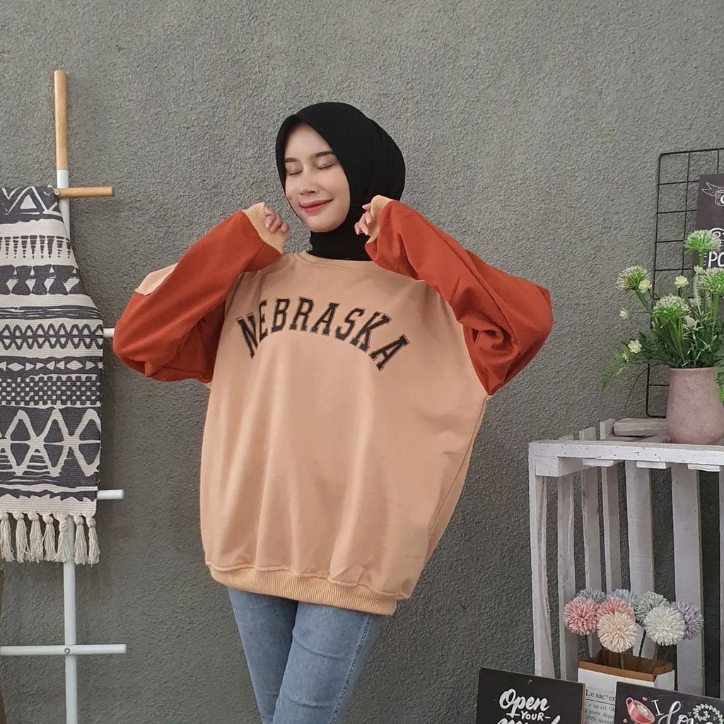 NOUSKA -NEBRASKA XXL Sweater Oversize Crewneck Sweatshirt Korea Lucu