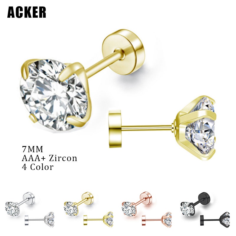 [ACKER] 7mm 1pasang Anting Tusuk Titanium Stainless Cubic Zirconia Vacuum Plating Diamond AAA+Zircon Untuk Pria/Wanita