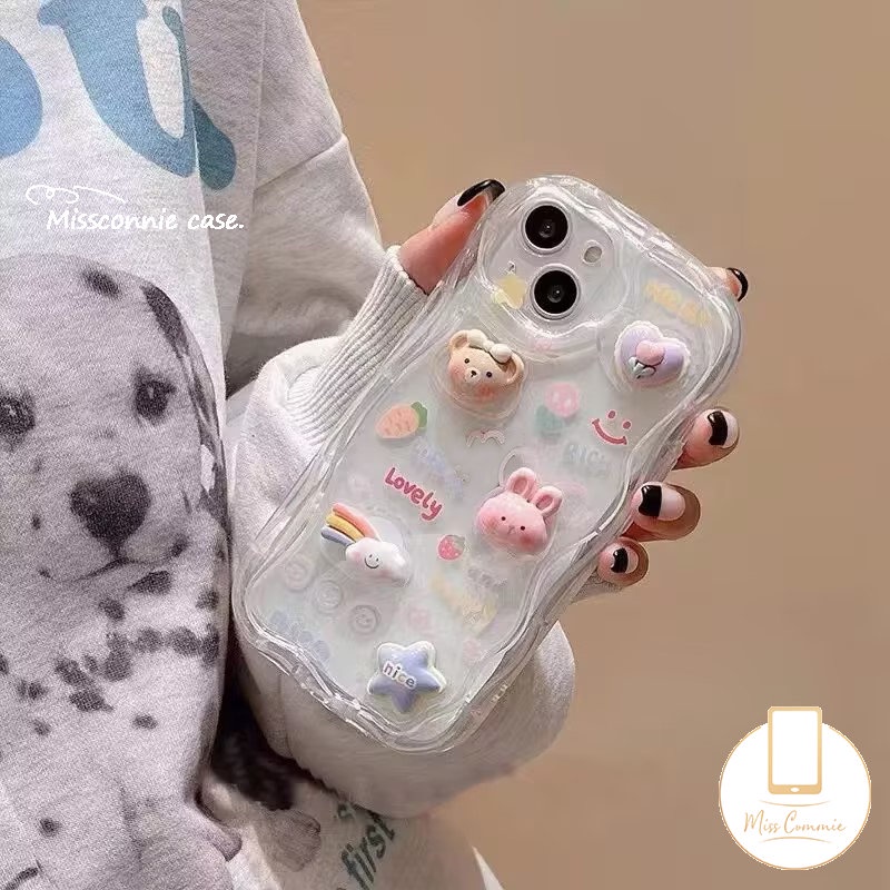 IPHONE Boneka 3D Kelinci Lucu Beruang Fantasi Awan Bintang Glossy Bergelombang Lengkung Tepi Case Cocok Untuk Iphone7 6 6s 8plus11 14 13 12 Pro Max X XR XS Max 7Plus SE 2020 Lembut Segar Bunga Cover