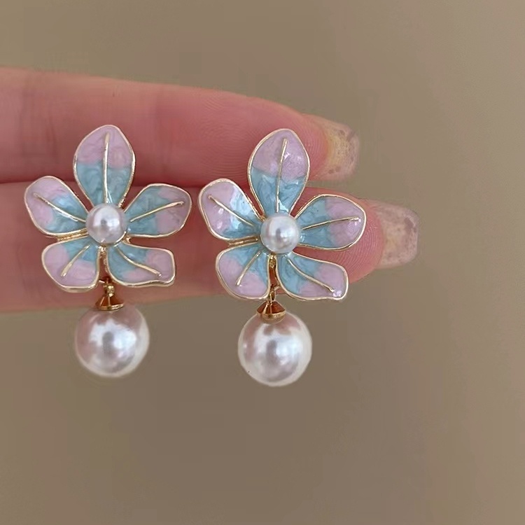 Korea Retro Pink Biru Anting Mutiara Ear Studs Perhiasan Fashion Untuk Wanita Perempuan