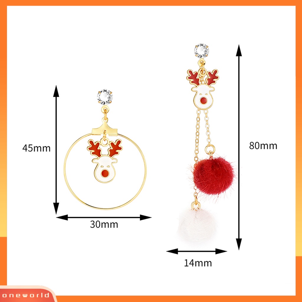 [ONE] 1pasang Anting Pejantan Asimetris Berlian Imitasi Mengkilap Merah Putih Pompom Cincin Besar Hadiah Lucu Natal Elk Drop Earrings Perhiasan Fashion
