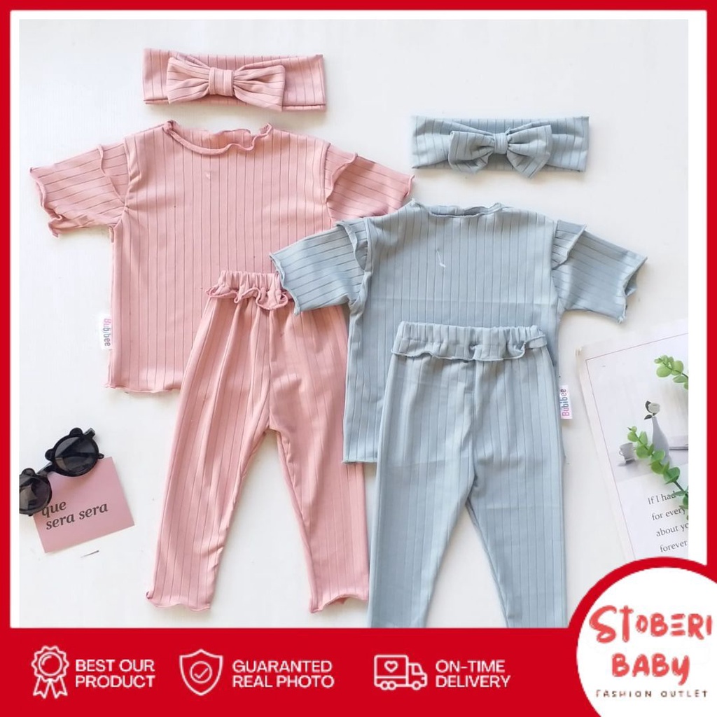 stoberi baby - BBB KYOMI setelan bayi newborn motif bunga polos lucu free headband pita