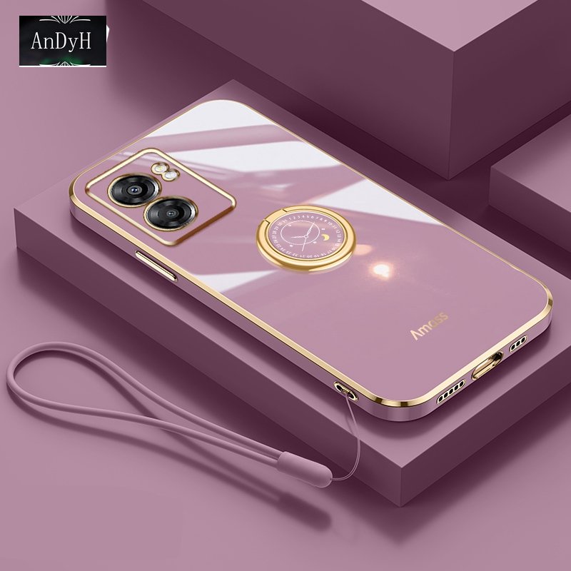 Andyh Casing Ponsel Silikon Ultra Tipis Untuk OPPO A57 5G 2022 A77 5G OPPO K10 5G Realme Q5i Realme V23 Narzo 50 5G Deluxe Perlindungan Jatuh Pita Emas Dengan Jam Cincin Dan Lanyard Gratis