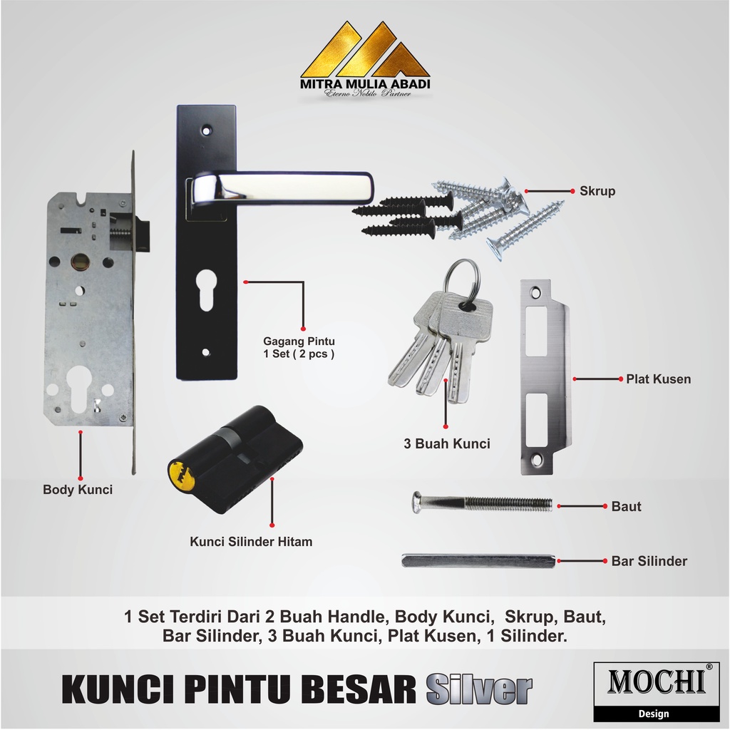 Gagang Kunci Pintu Besar 25 cm  l Handel Pintu rumah Full Set MOCHI