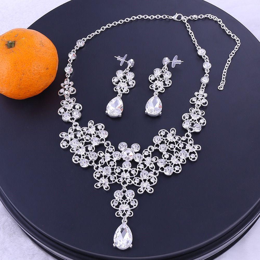 Needway Set Perhiasan Pernikahan Pengantin Temperamen Indah Hadiah Anniversary Elegan Berlian Imitasi Tiara Drop Anting Mahkota Set Perhiasan