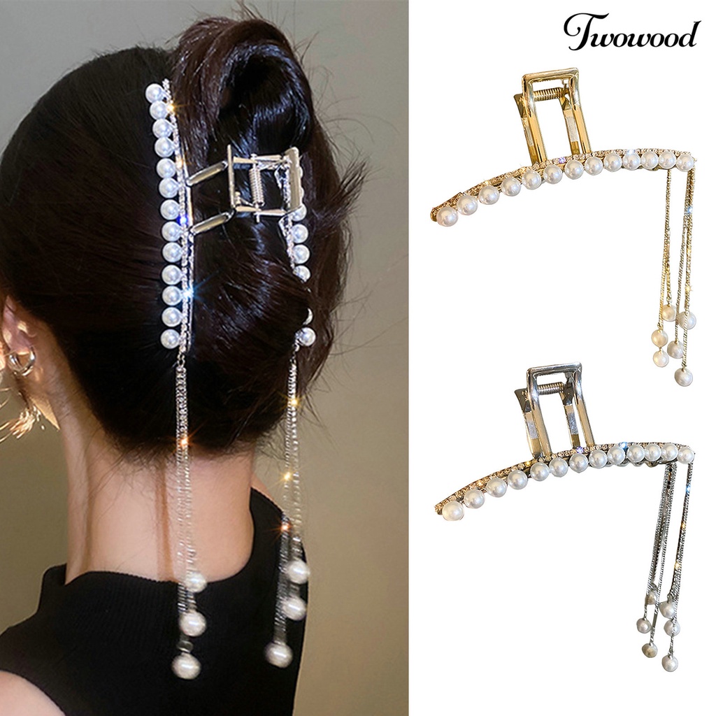 Twowood Hair Claw Clip Desain Mutiara Imitasi Berkilau Mempesona Efek Visual Non-Slip Dengan Rumbai Dress-up Semua Cocok Berlian Imitasi Penjepit Rambut Wanita Hiasan Kepala Dekorasi Untuk Wanita