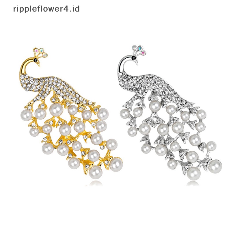 {rippleflower4.id} Fashion Wanita Kristal Mutiara Merak Lencana Pin Bros Kerah Medali Dekorasi~