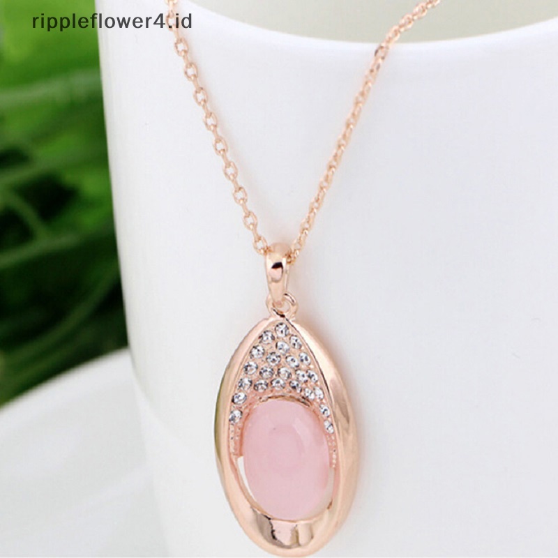 {rippleflower4.id} Set Perhiasan Opal Fashion Rose Gold Kristal Kalung Anting Perhiasan Hadiah Kekasih~