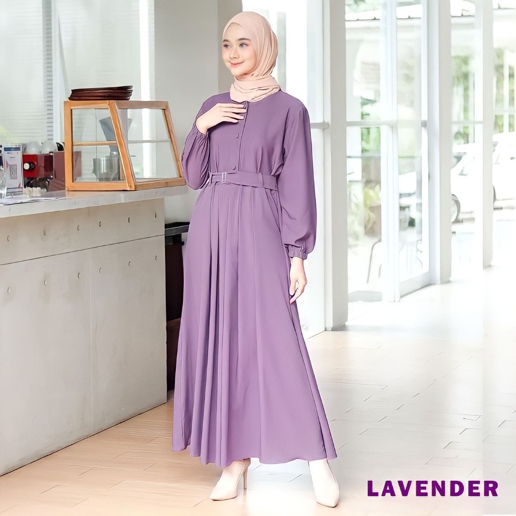 Gamis Monna Dress Sandira Belt Busui Friendly Syar'i Muslimah Jumbo Terbaru Itycrepe Premium-Lilac/Lavender