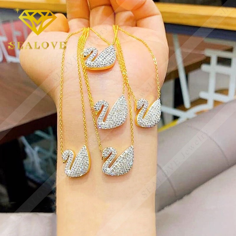 Kalung Titanium Wanita Anti Karat Swan Angsa Berlian Emas 18K Cantik Mewah Korea Aksesoris Perhiasan