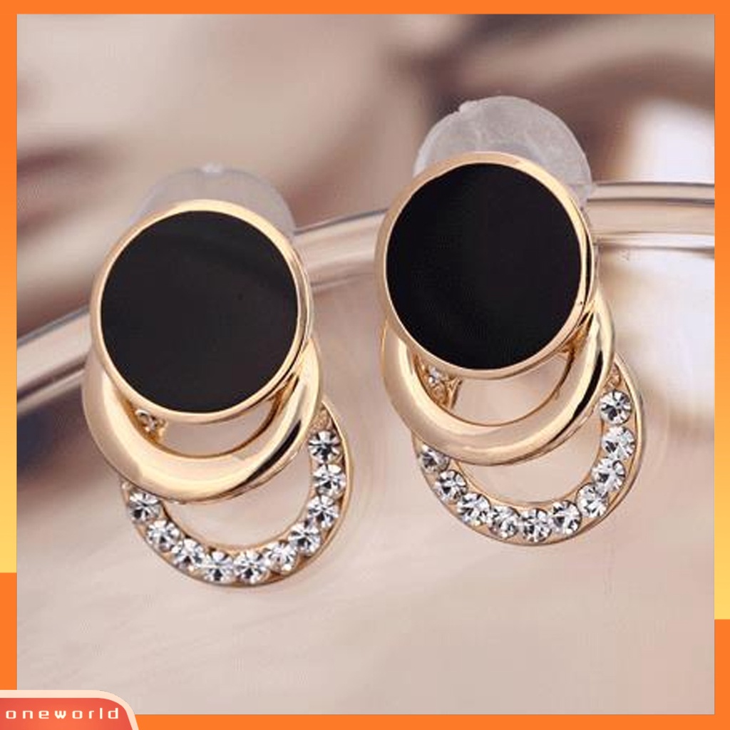 [WOD] 1pasang Ear Studs Multi-layer 3cincin Bulat Lingkaran Hitam Hadiah Fashion Perhiasan Berlian Imitasi Berkilau Wanita Anting Untuk Harian