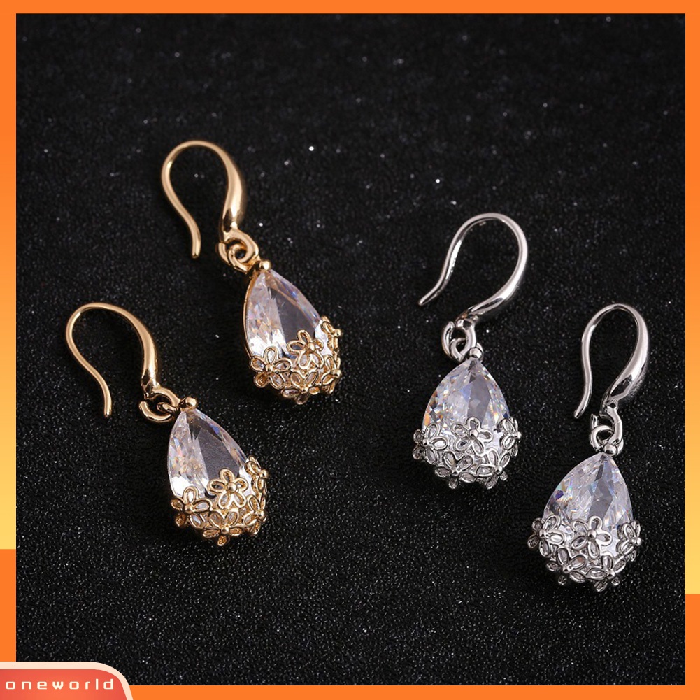 [WOD] Elegan Lady Water Drop Cubic Zirconia Bunga Liontin Kait Anting Perhiasan Hadiah