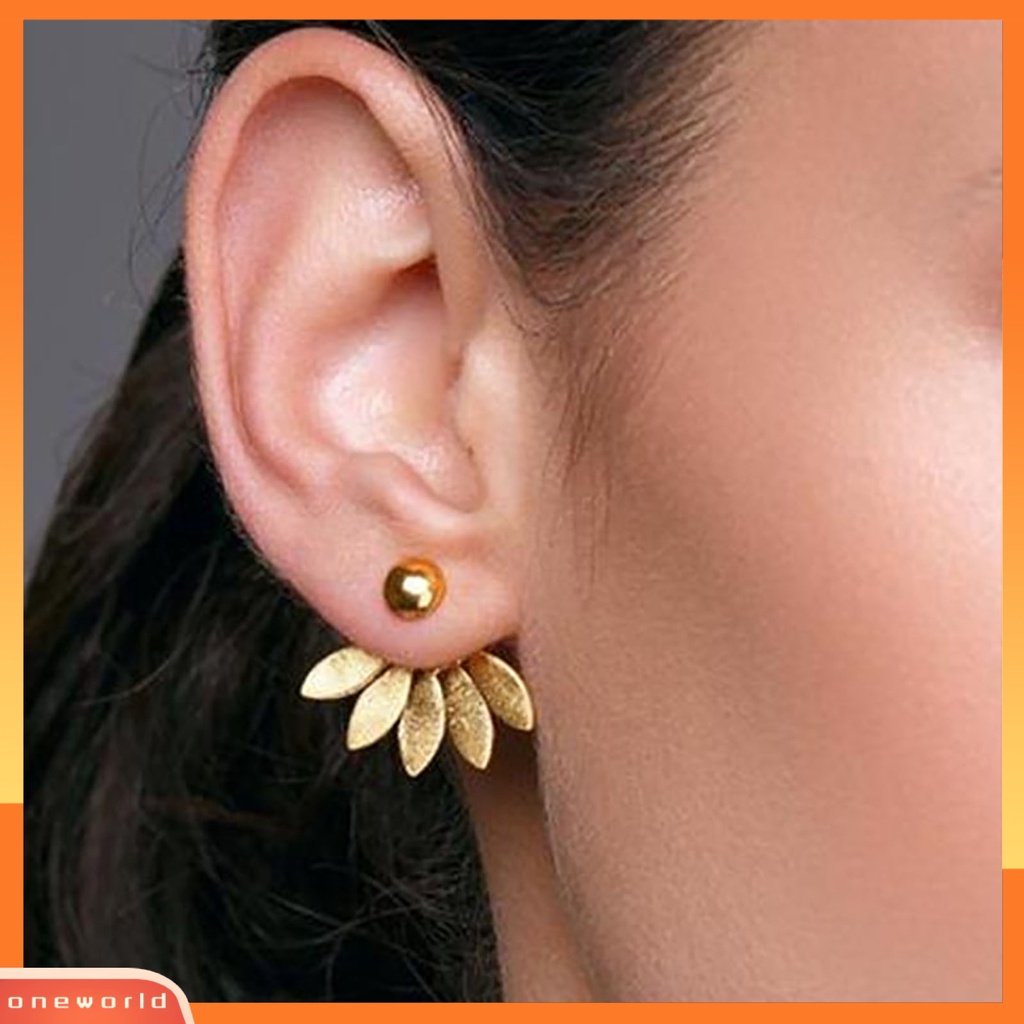 [WOD] 1pasang Tindik Menawan Depan Belakang Gaya Gantung Wanita Anting Bentuk Kipas Daun Stud Earrings Perhiasan Aksesori