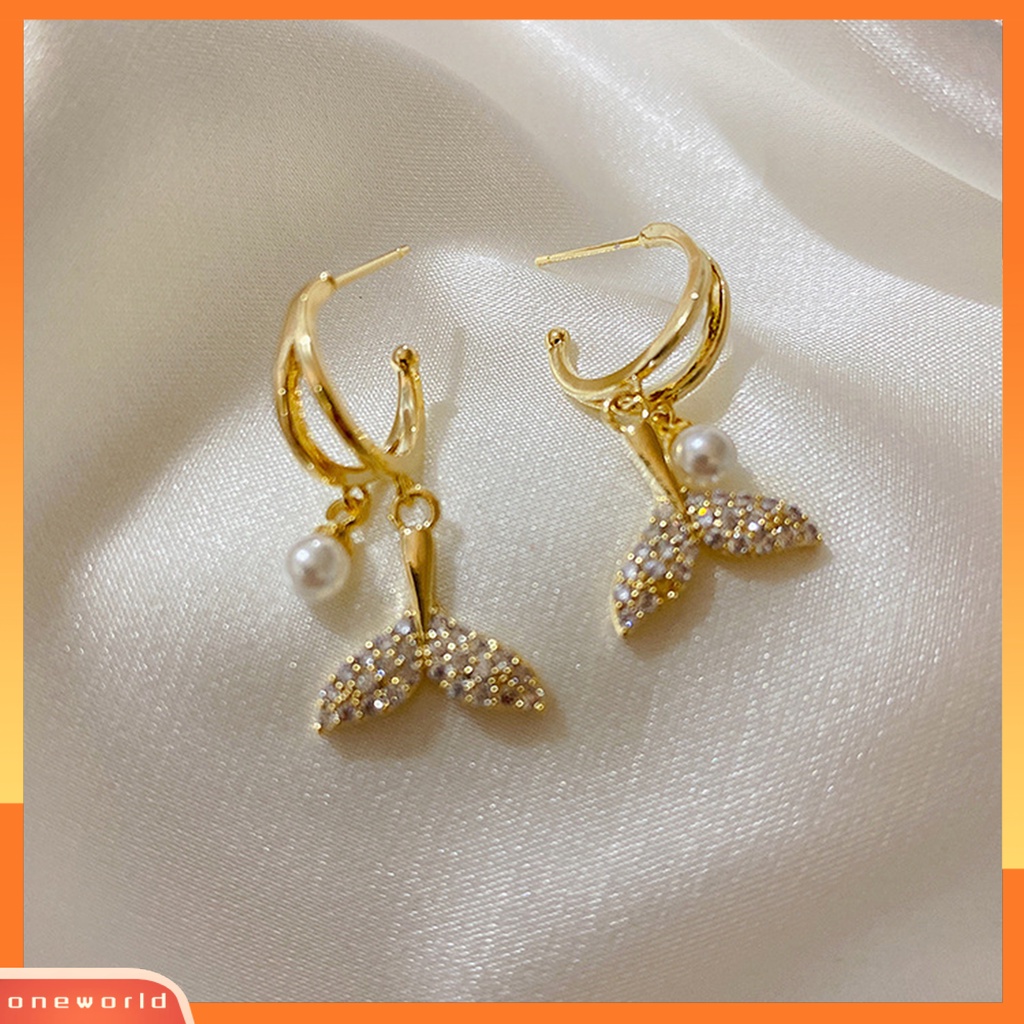 [WOD] 1pasang Drop Earrings Fishtail Faux Pearl Alloy Vintage Cubic Zirconia Anting Menjuntai Untuk Pesta Cocktail