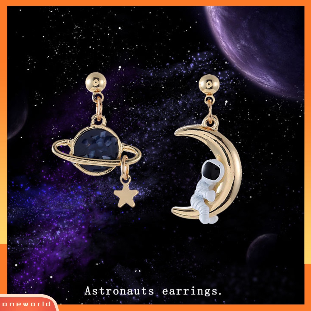 [WOD] Kreatif Asimetris Astronot Planet Bulan Liontin Wanita Stud Earrings Perhiasan