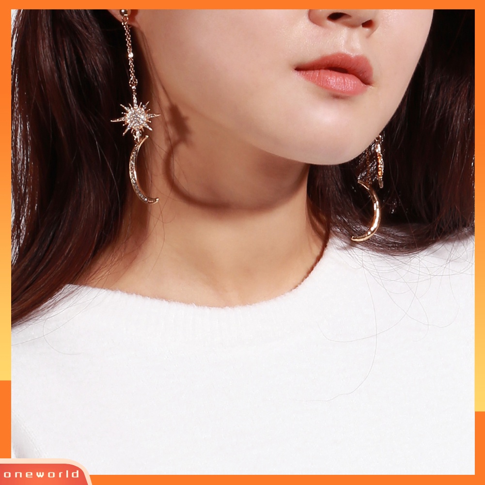 [WOD] Fashion Berlian Imitasi Bintang Bulan Sabit Menjuntai Panjang Drop Anting-Anting Wanita Perhiasan