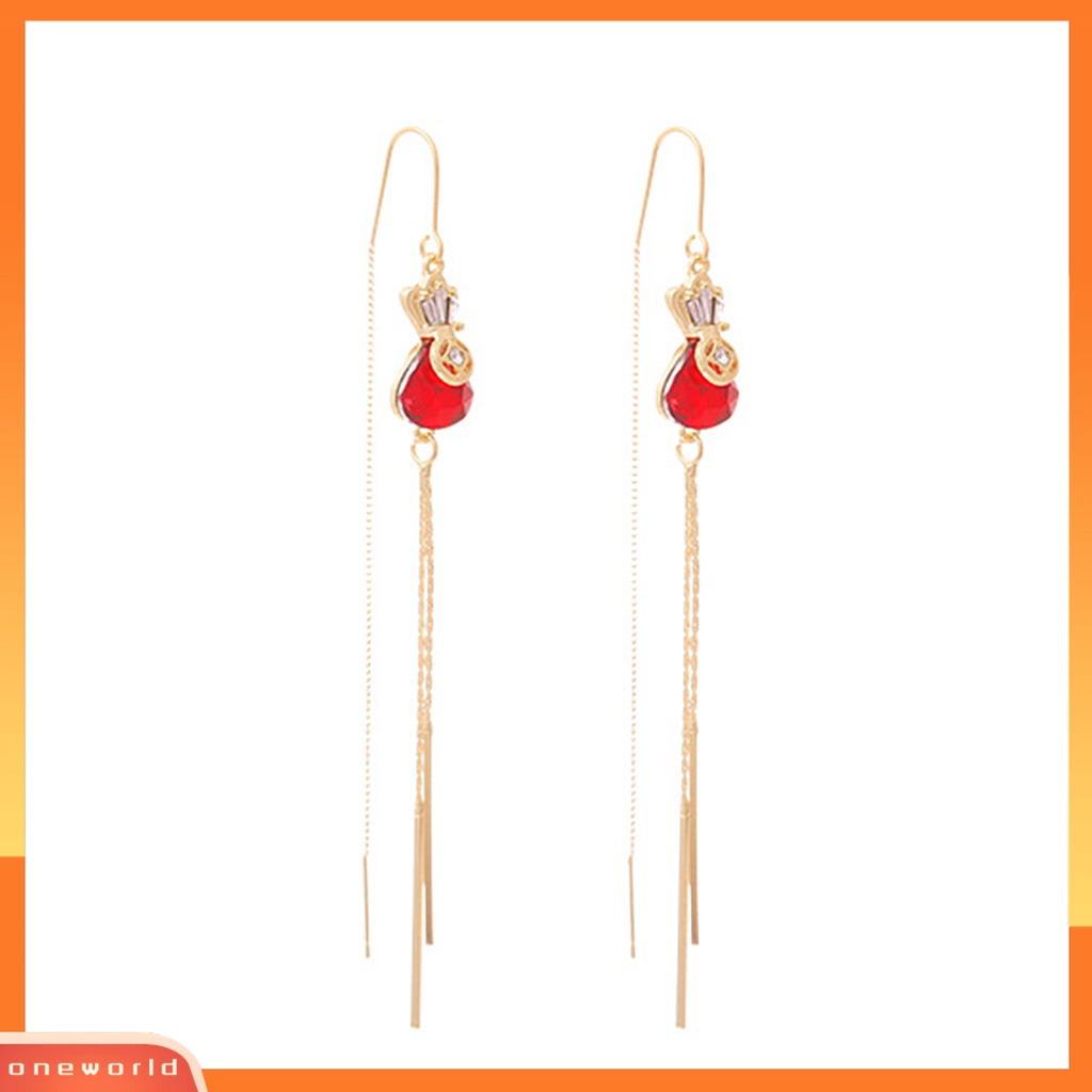 [WOD] 1pasang Anting Garis Telinga Tas Uang Rhinestones Perhiasan Merah Gaya Korea Anting Menjuntai Untuk Pernikahan