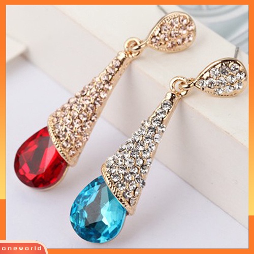 [WOD] Wanita Tetesan Air Lampu Gantung Berlian Imitasi Penuh Zirkon Anting Telinga Stud Ear-clip