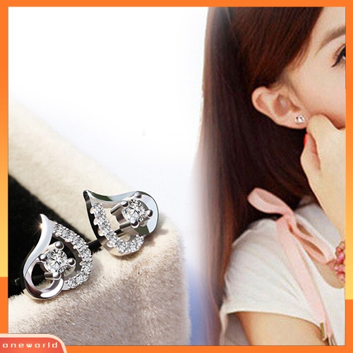 [WOD] Wanita Zirkon Hati925 Sterling Silver Disepuh Telinga Studs Earrings Perhiasan Hadiah