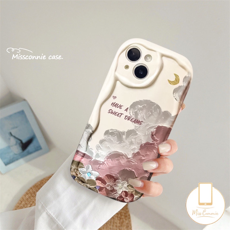 IPHONE 3d Wavy Curved Edge Soft Tpu Floral Phone Case Kompatibel Untuk Iphone11 14 13 12 Pro Max 7Plus XR X XS Max 8Plus 6 7 8 6s Plus SE 2020 Fashion Lukisan Cat Minyak Flowers Cover