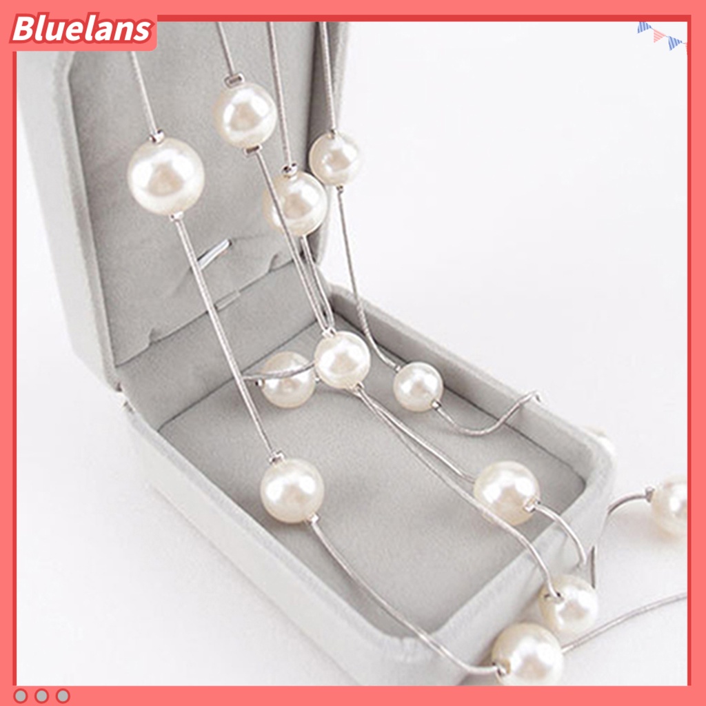 [BLS] Kalung Double Layer All-match Alloy Faux Pearl Decor Sweater Necklace Untuk Pesta
