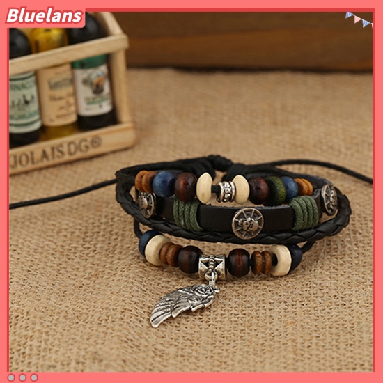 [BLS] Unisex Vintage Multilayer Faux Kulit Sayap Pesona Manik-Manik Kayu Gelang Bangle