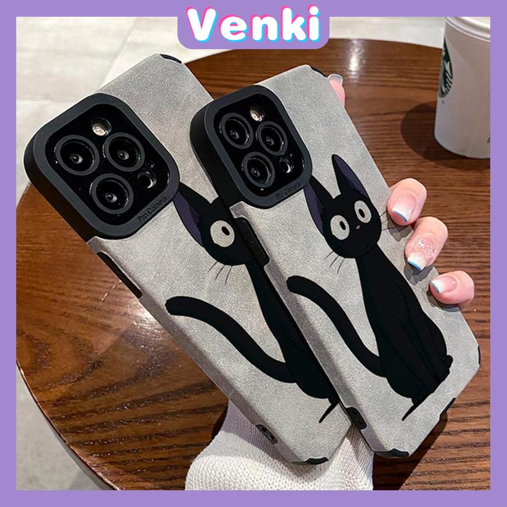 VENKI - Untuk iPhone 11 Case Leather Pupil Suede Case Soft Shockproof Airbag Case Pelindung Kamera Cute Simple Black Cat Kompatibel dengan iPhone 14 13 Pro max 12 xr xs 7Plus 8Plus