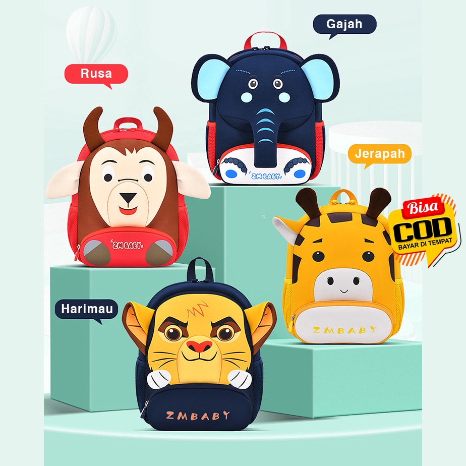 [Bisa COD] Tas Ransel Sekolah Anak Karakter Binatang Harimau Jerapah Rusa Gajah Motif 3D Lucu Laki L