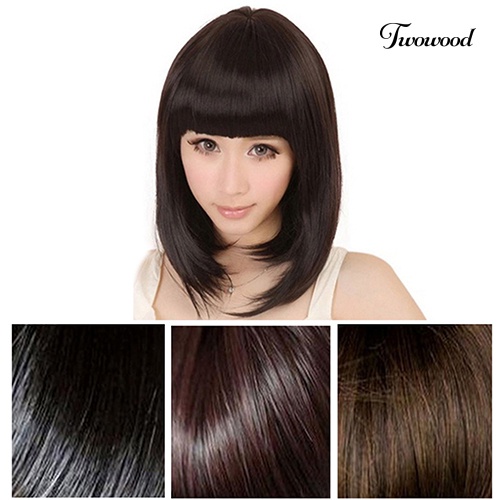 Twowood Wanita Full Poni Pendek Lurus BOBO Rambut Sintetis Cosplay Pesta Full Wig