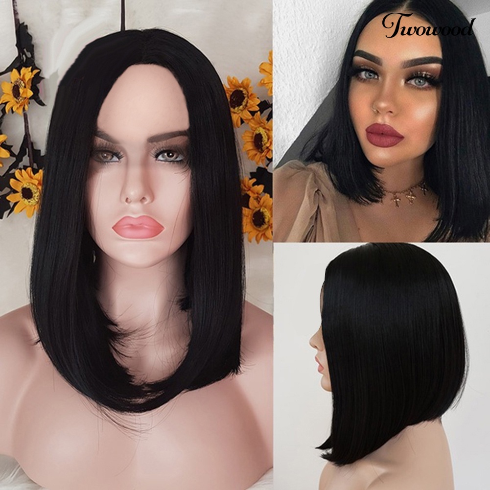 Twowood Wanita Lace Front Bob Natural Lurus Tahan Panas Sintetis Wig Sopak