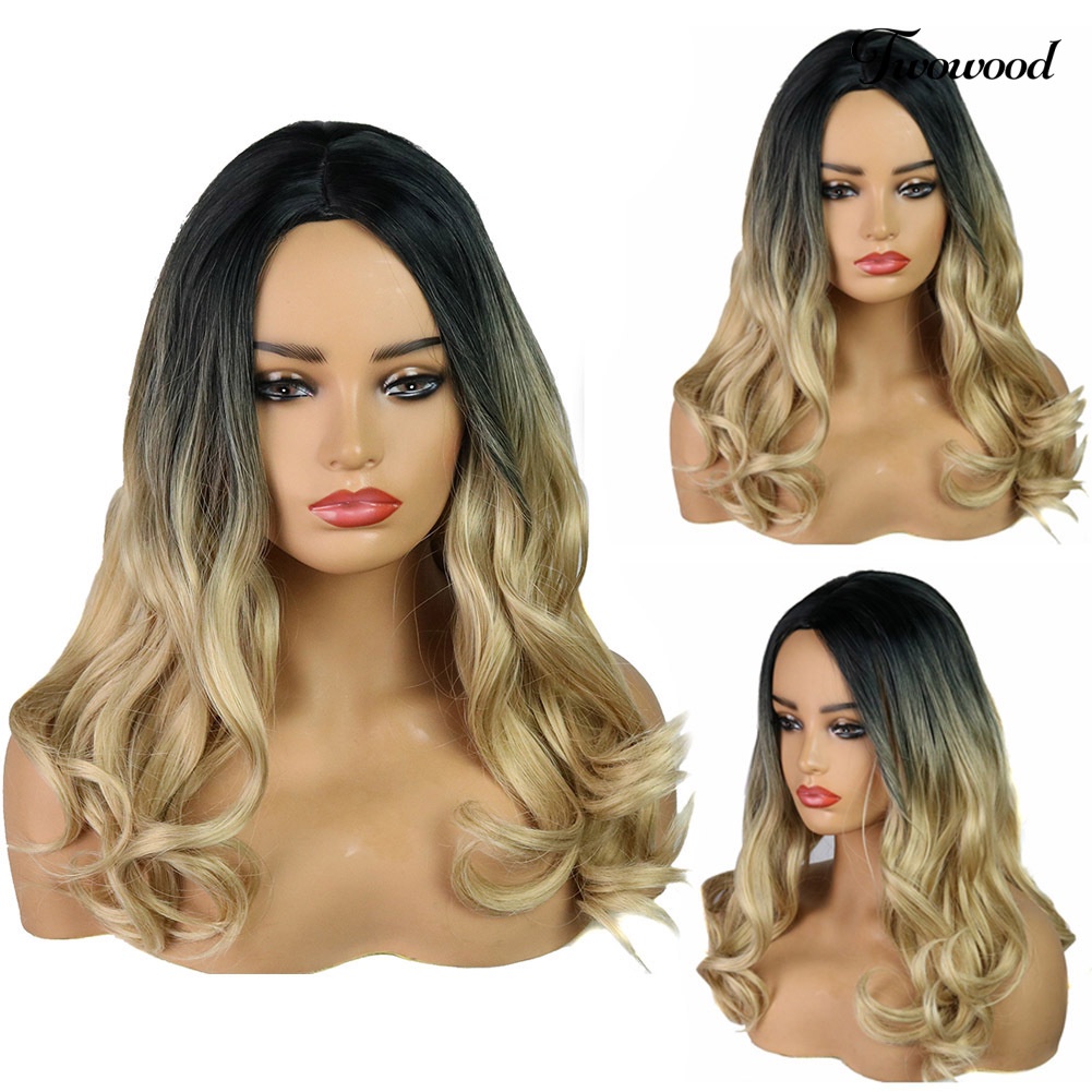 Twowood Perempuan Serat Suhu Tinggi Rambut Keriting Panjang Blonde Gradient Wig Sopak