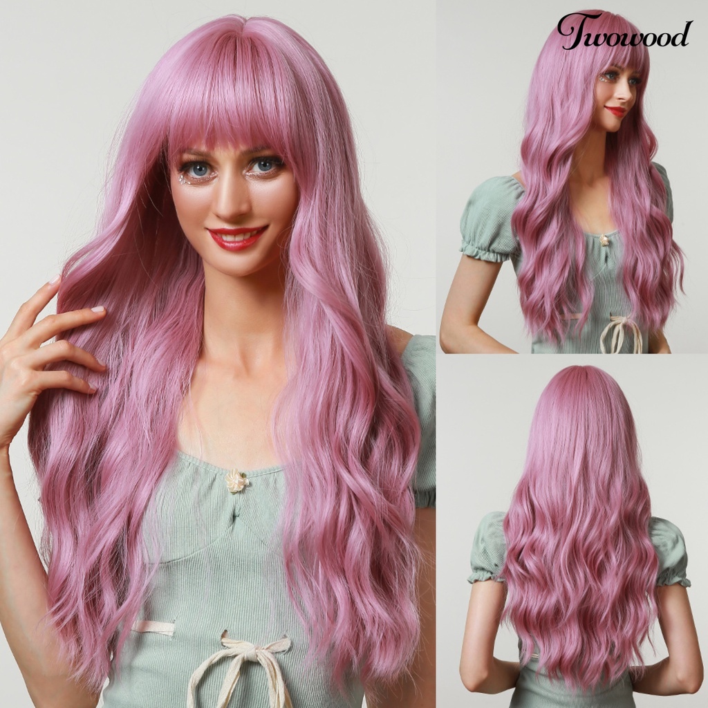 Twowood Wanita Wig Rambut Rapi Poni Bernapas Ringan Halloween Cosplay Wig Gelombang Panjang Untuk Perempuan