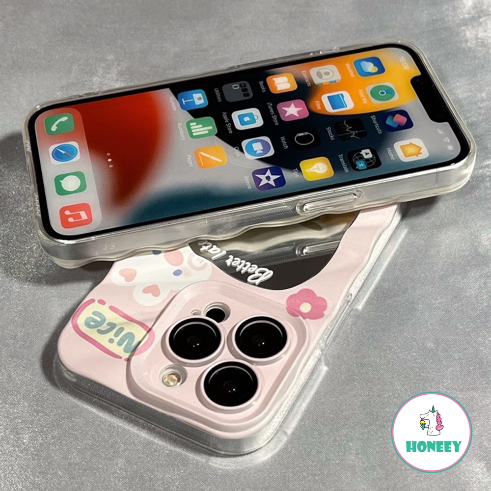 Fashion Makeup Cermin 3D Beruang Lucu Bunny Case Untuk iPhone 14 Pro Max13 12 Pro Max11 Pola Kerut Lembut Shockproof Penutup Belakang