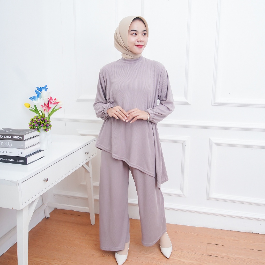 BEFAST - ZNF OOTD WANITA SETELAN NONI / One Set Ivone RIB Knit / Oneset Model Terbaru / Fashion Casual Remaja ABG / Set Atasan Lengan Panjang+Celana Kulot Panjang / Outfit Daily Wanita Hijab / Setelan Polos Formal / Oneset Terlaris