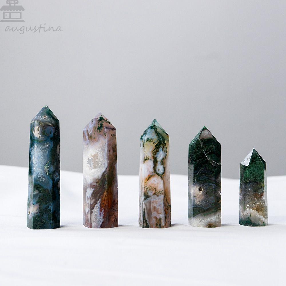 Batu Kristal Agustina Healing Obelisk Natural Green Moss Fluorite Terapi Meditasi Rohani Kerajinan Hiasan Meja Dekorasi Tongkat Penyembuhan