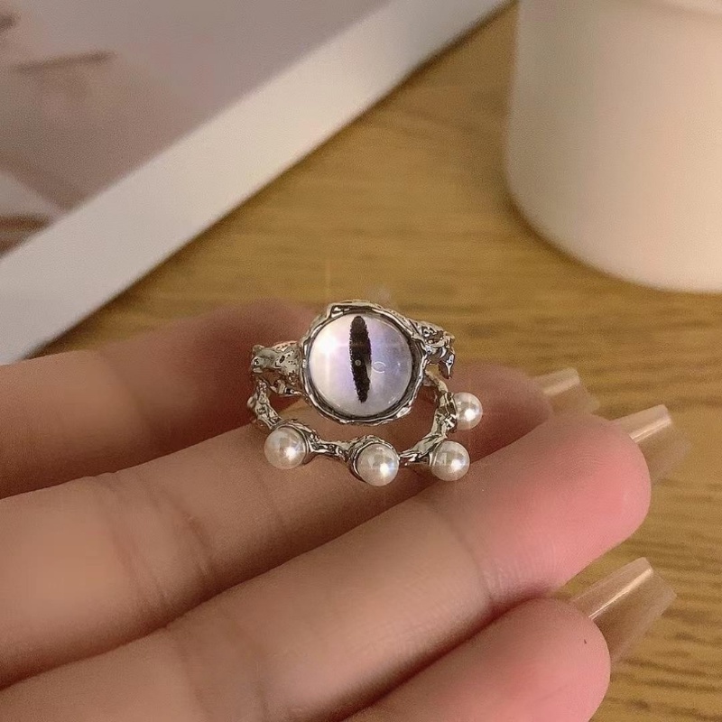 Hip-hop Rock Purple Cat Eye Finger Ring/ Cincin Mutiara Imitasi Lapisan Ganda/ INS Kreatif Pembukaan Yang Dapat Disesuaikan Alloy Ring Perhiasan Pesta