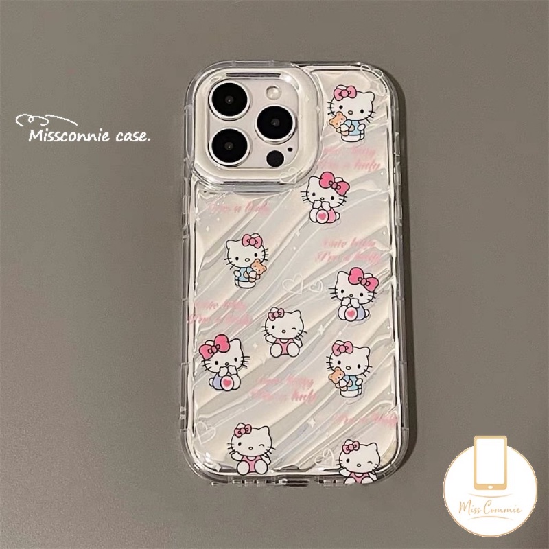 Doodle Kartun Lucu Hello Kitty Kartu Laser Casing Bening Kompatibel Untuk IPhone XR 11 12 13 14 Pro MAX 78 Plus 6 6S 7 8 Plus X XS MAX SE 2020 Sarung Pola Kerut Stereo 3D