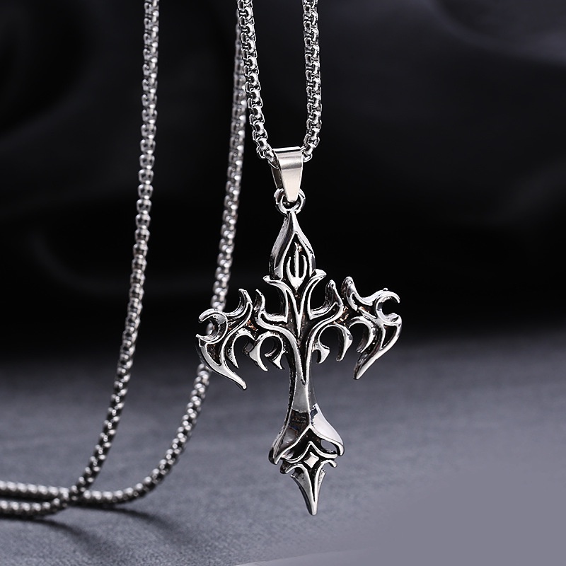 Fashion Vintage Flame Cross Pendant Kalung Untuk Wanita Pria Rantai Panjang Punk Goth Trendi Aksesoris Choker Gothic Perhiasan