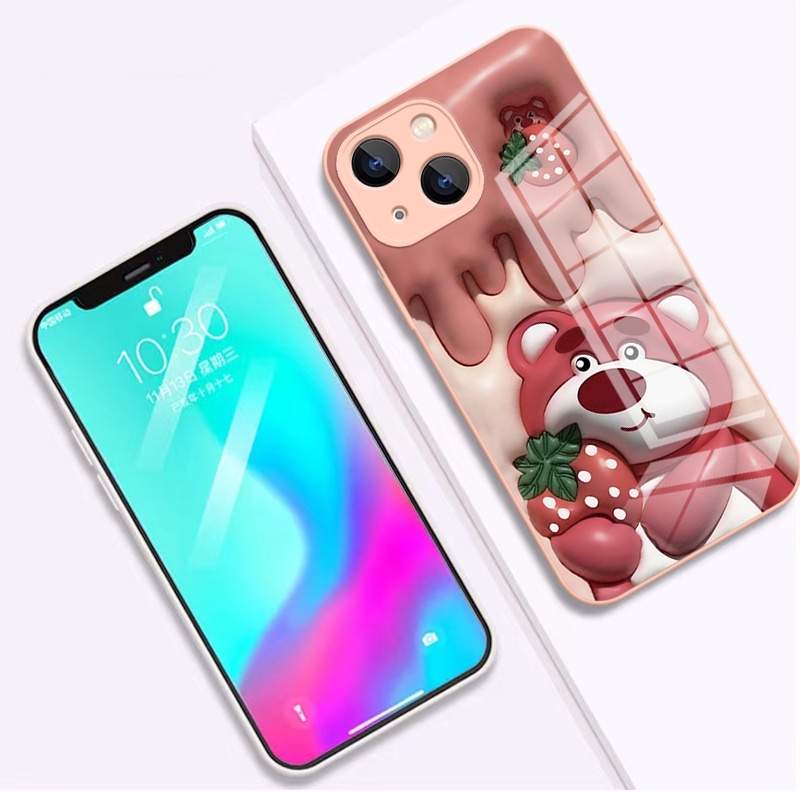 IPHONE Casing Keras Kaca Beruang Strawberry Kartun Datar 3D Cocok Untuk Iphone14 13 12 11 Pro Max Cat Metalik Anime Winnie Bear Print Pelindung Case